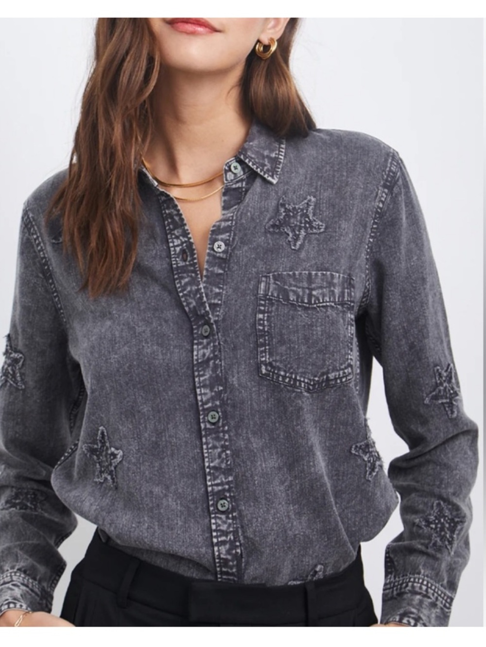 Rails Ingrid Long Sleeve Button Down Top Size XS Black Acid Wash Stars